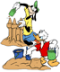 Donald and Goofy building sandcastles on the beach