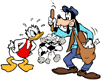 Donald watching as Goofy accidentally picks up a soccer ball as trash