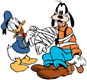 Donald bandaging injured Goofy