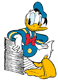 Donald Duck leaning on pile of newspapers