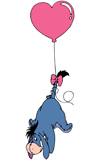 Eeyore floating from a heart-shaped balloon