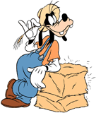 Farmer Goofy leaning on bales of hay