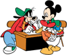 Mickey, Donald, Goofy at school desk