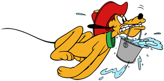 Firefighter Pluto running with a bucket of water