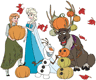 Anna, Elsa, Olaf and Sven with pumpkins in the fall