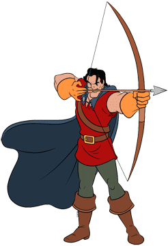 Gaston aiming with his bow and arrow