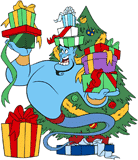 Genie weighing presents by a Christmas tree