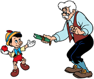 Gepetto giving Pinocchio his book