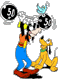 Pluto watching Goofy lift weights