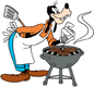 Goofy seasoning his burger patties on the barbecue