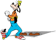 Goofy walking away from footprints in cement without his shoes