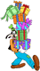 Goofy carrying a tower of presents