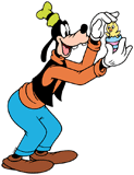 Goofy holding a chick in a painted Easter egg