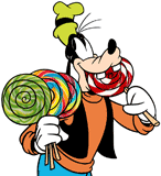 Goofy biting down on some colorful lollipops
