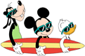Goofy, Mickey Mouse and Donald Duck with a surfboard, wearing sunglasses