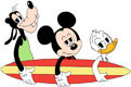 Goofy, Mickey Mouse and Donald Duck with a surfboard