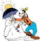 Goofy shielding his snowman from the sun