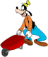 Goofy rolling empty wheelbarrow