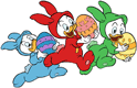 Huey, Dewey, Louie carrying Easter eggs