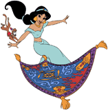 Jasmine riding the magic carpet with Abu