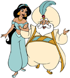 Jasmine walking arm in arm with her father the Sultan