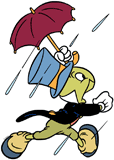 Jiminy Cricket running in the rain