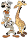 Mickey, Goofy, Donald taking picture of giraffe