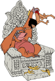 King Louie examining Mowgli from his throne