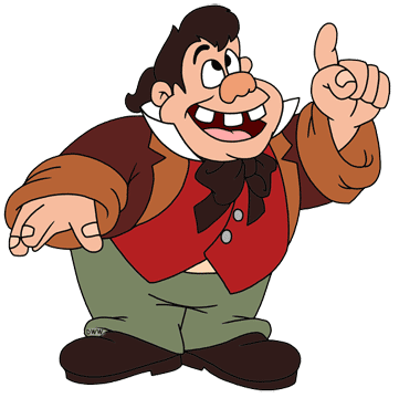 Lefou smiling, holding up his left index finger