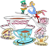 Alice with the Mad Hatter & the Mad Hatter climbing a spoon into a giant teacup