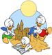 Huey, Dewey, Louie building sandcastle