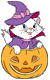 Marie as a witch in a pumpkin