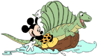 Mickey Mouse surfing with a dinosaur