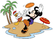 Mickey Mouse, Donald Duck playing frisbee on beach