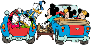 Mickey Mouse & Donald Duck playing chess from their cars
