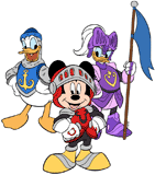 Mickey Mouse, Donald and Daisy Duck as medieval knights
