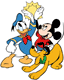 Mickey Mouse, Donald Duck high-fiving with Pluto