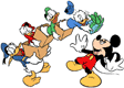 Donald, Huey, Dewey, Louie giving Mickey present