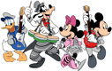 Mickey and Minnie Mouse, Donald Duck and Goofy playing in a band