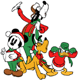 Mickey Mouse, Donald Duck and Goofy singing Christmas carols
