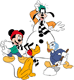 Mickey, Pluto, Donald, Goofy building a snowman