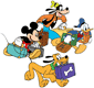 Mickey, Goofy, Donald, Pluto carrying luggage for vacation