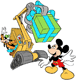 Goofy giving Mickey a present using a crane