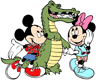 Mickey and Minnie walking with an alligator