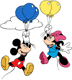 Mickey, Minnie floating from balloons
