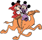 Mickey, Minnie riding a camel in the desert