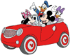 Mickey driving, Minnie, Donald, Daisy in the car