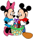 Mickey and Minnie Mouse holding an Easter basket of goodies
