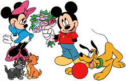 Mickey giving Minnie a bouquet of flowers with Pluto