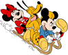 Mickey, Minnie and Pluto sledding